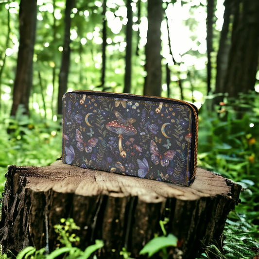 Mushrooms, Dark Academia Wallet Goblincore Zip Up Wallet Dark Cottagecore Gift for Witchy Lovers Vegan Leather Wallet Women Travel Purple