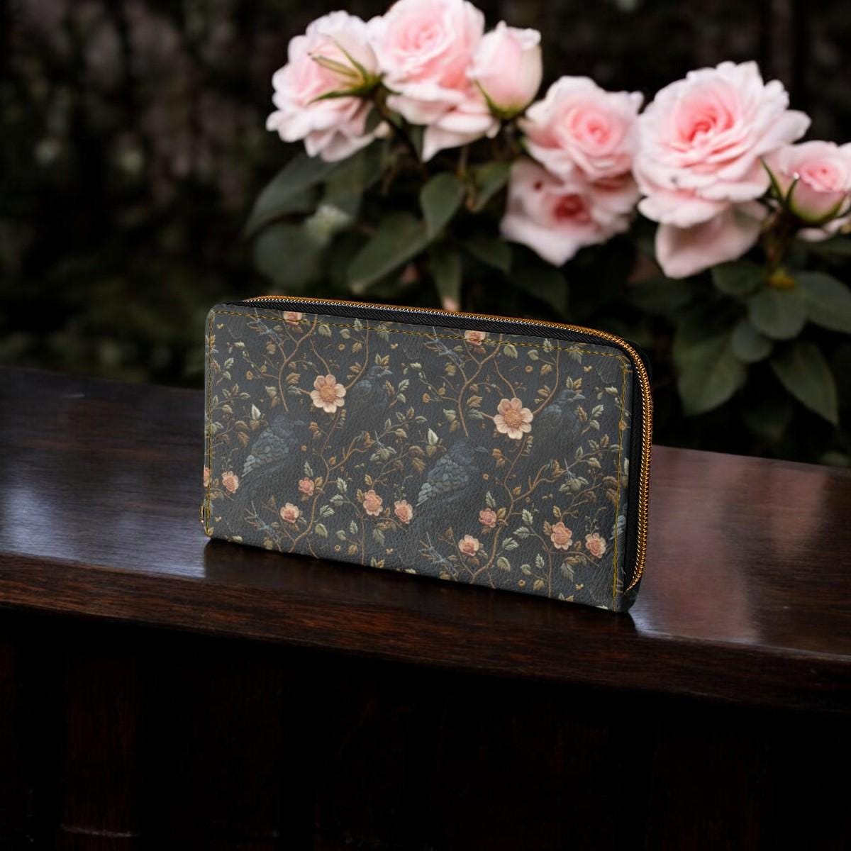 Faux Embroidered Crow Wallet, Dark Academia Wallet Goblincore Zip Up Wallet Dark Cottagecore Gift for Witchy Lovers Vegan Wallet Women Goth