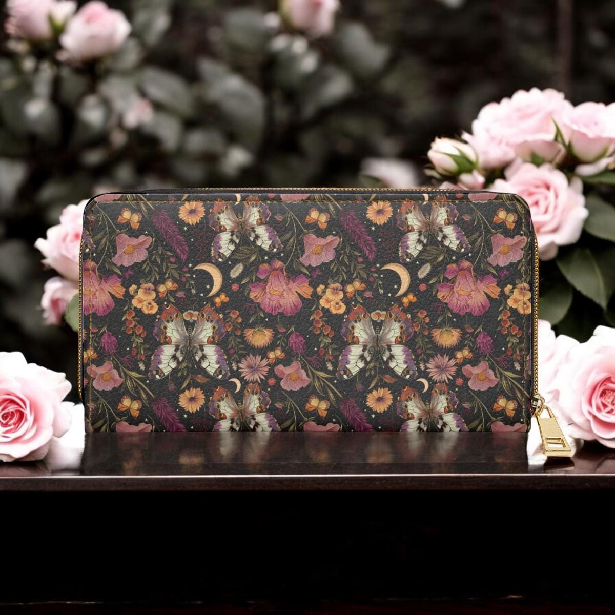 Butterfly Wallet, Dark Academia Wallet Goblincore Zip Up Wallet Dark Cottagecore Gift for Witchy Lovers Vegan Wallet Women Travel Floral