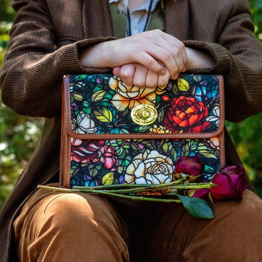 Stained glass floral satchel bag with colorful botanical pattern, vegan leather strap, and cottagecore nature inspired design by The Rooted Fern