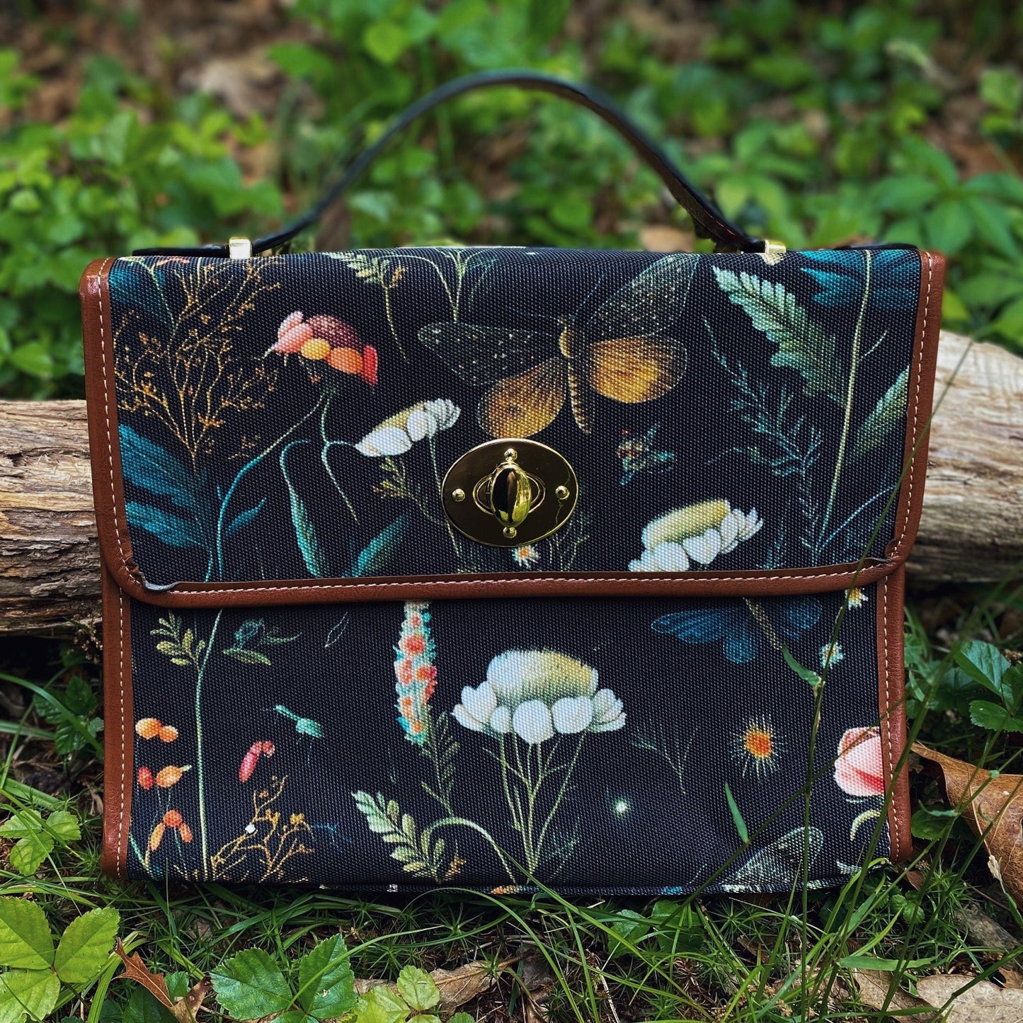 Moth satchel bag with dark botanical print and vegan leather strap
Dark cottagecore moth crossbody bag