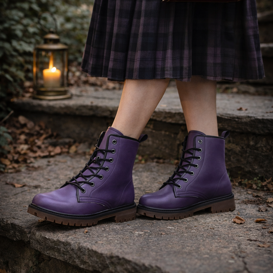 Purple boots worn with a plaid skirt on a stone surface, with a lantern and candle in the background.