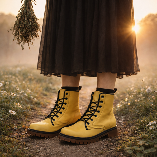 Person wearing yellow boots and a black skirt standing in a field with a sunset.