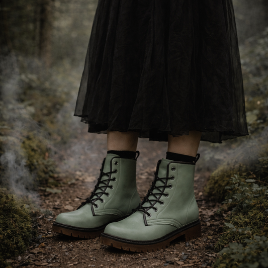 Person wearing green boots and a black skirt standing on a forest floor.