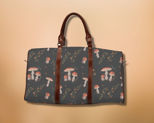 Dark Cottagecore Mushroom Bag Travel Duffel Bag Waterproof Canvas Leather Weekend Bag Carry On Weekender Overnight Bag Travel Luggage