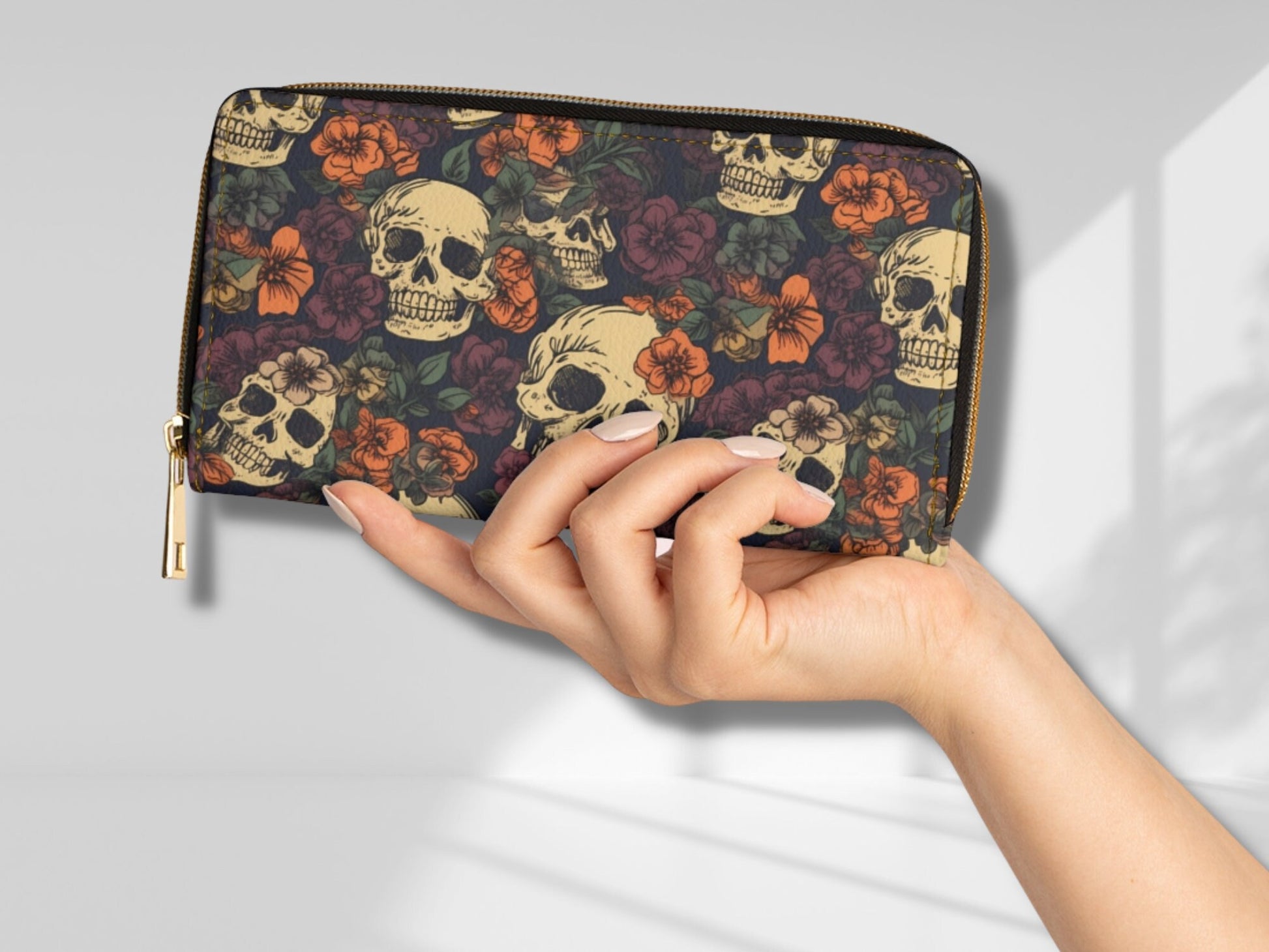 Goth Wallet Gothic Wallet Gift Cute Women Dark Academia Wallet Vegan Leather Wallet Witchy Wallet Halloween Wallet Horror Zip Around Skull