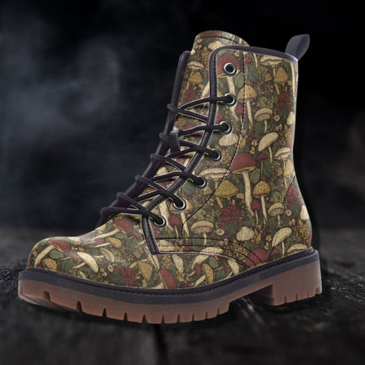 Toadstool Mushroom Vegan Leather Combat Boots Witchy Combat Boots Fairy Grunge Boots Gift for Mushroom Lover Women's Platform Cottagecore