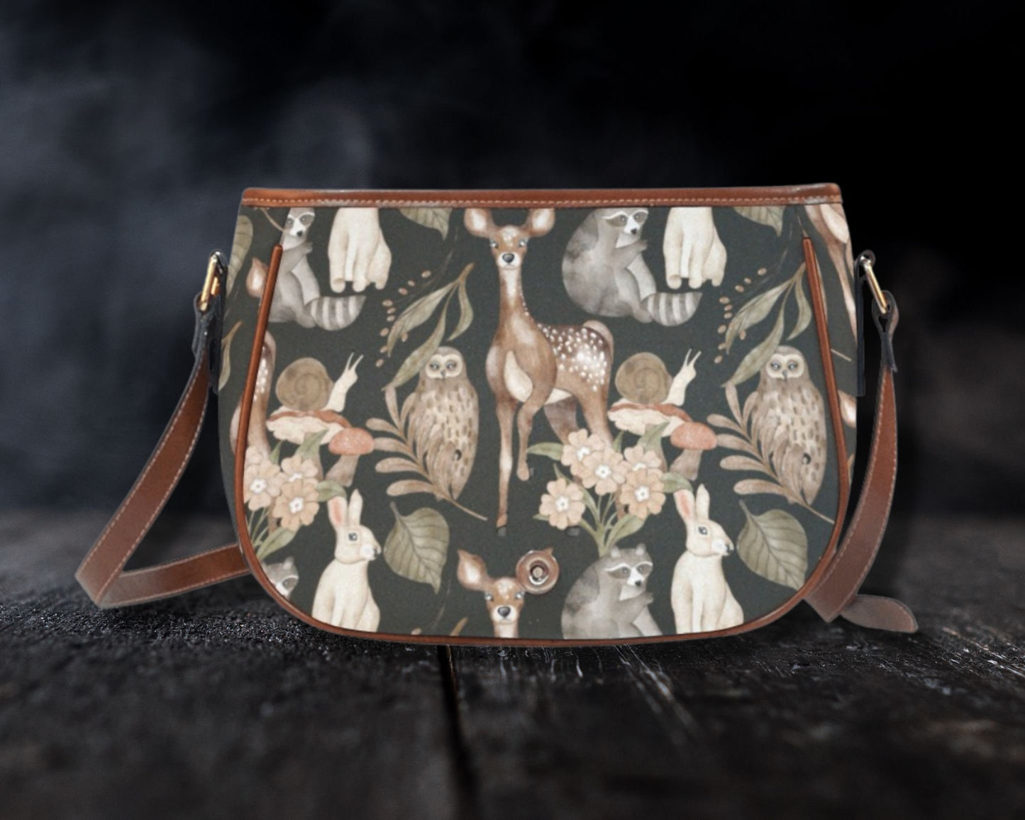 Boho Forest Vegan Leather Saddle Bag For Women mushroom Goth Bag Dark Cottagecore Purse Crossbody Bag Witch Saddle Bag