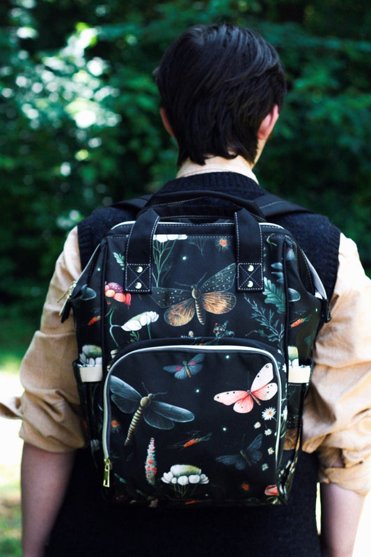 Moth and Dark Floral Diaper Bag