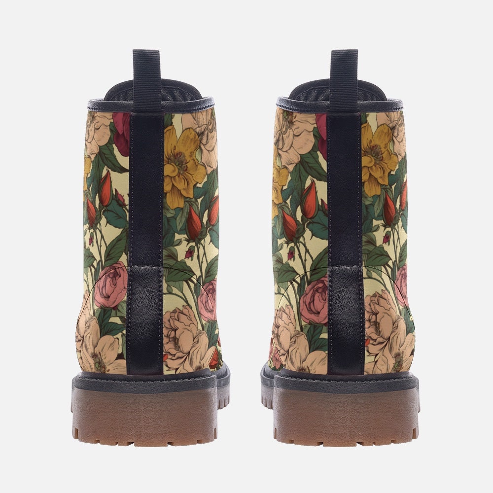 Combat Boots Retro Boho Floral Boots Dark Academia Shoes Mens Leather Boots Witch Shoes Gift for Flower Lover Women's Platform Cottagecore