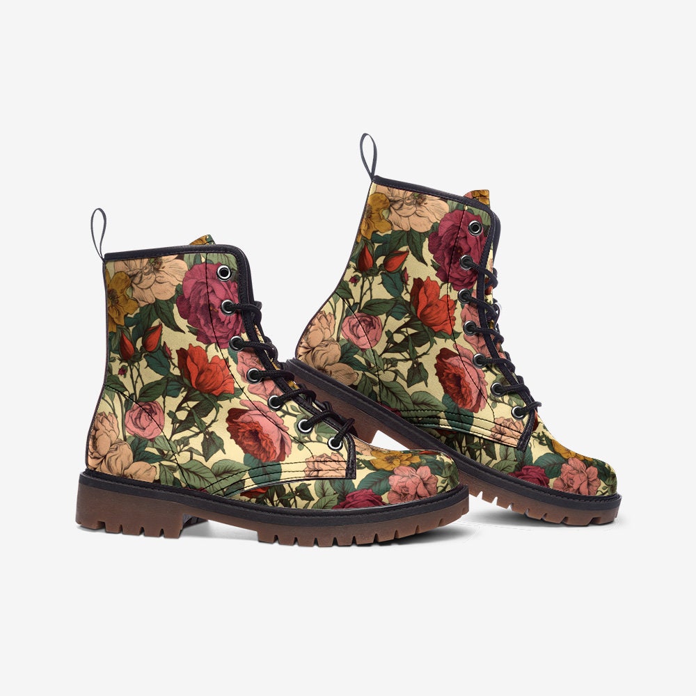 Combat Boots Retro Boho Floral Boots Dark Academia Shoes Mens Leather Boots Witch Shoes Gift for Flower Lover Women's Platform Cottagecore