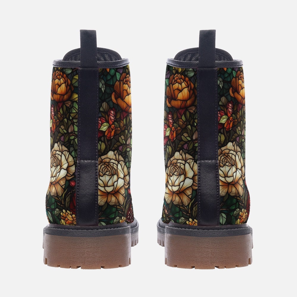 Combat Boots Stained Glass Floral Boots Goth Shoes Mens Leather Boots Witch Shoes Gift for Flower Lover Women's Platform Cottagecore