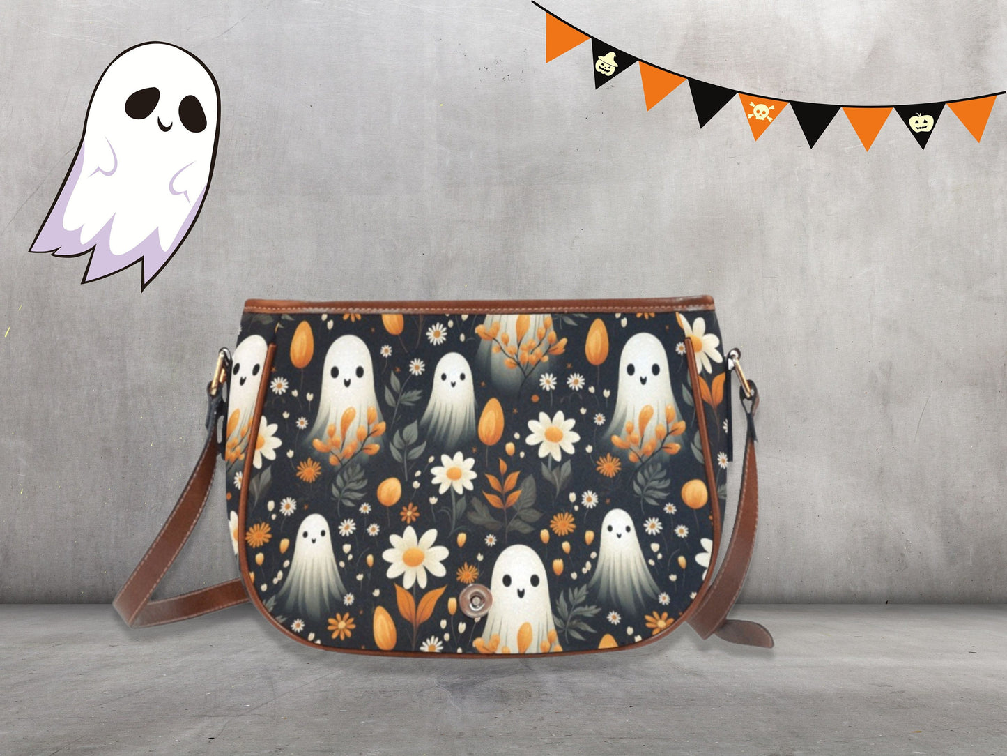 Halloween Purse Boho Bag Floral Ghosts Gift Cute Women Cross Body Purse Women Floral Makeup Bag Cottagecore Purse Wildflowers