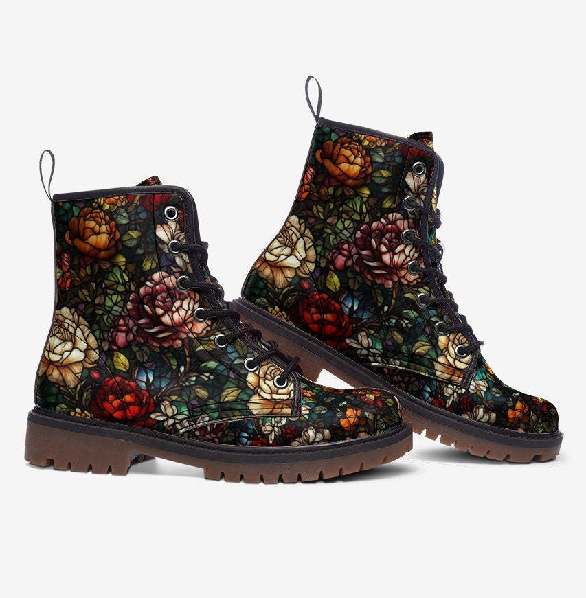 Combat Boots Stained Glass Floral Boots Goth Shoes Mens Leather Boots Witch Shoes Gift for Flower Lover Women's Platform Cottagecore