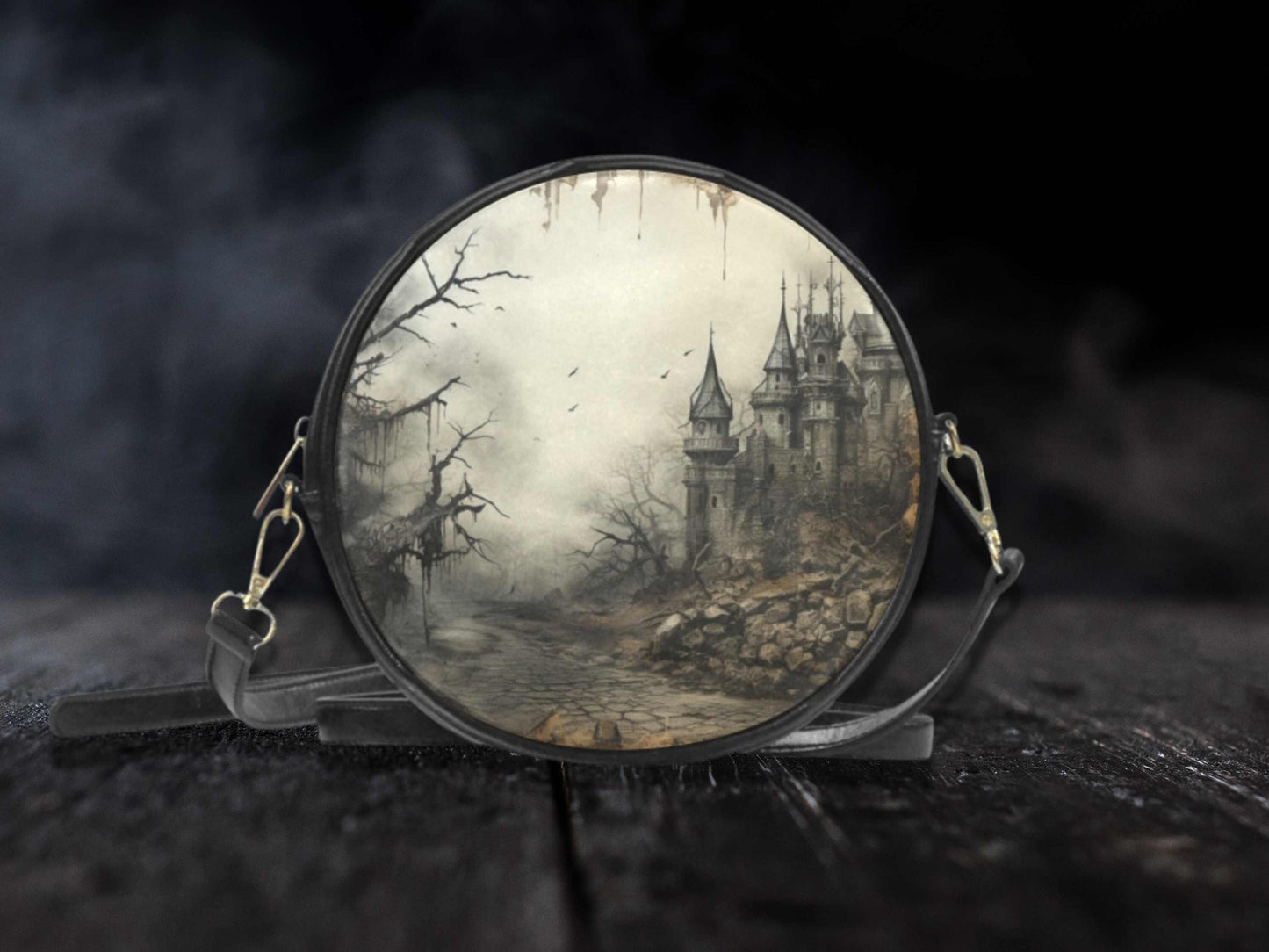 Haunted House Vegan Leather Round Castle Halloween Bag October Crossbody Pumpkin Spice Gift for Witchy Lovers Fall Leaves Handbag