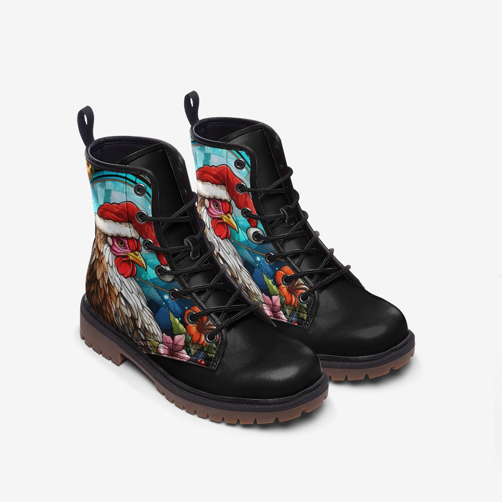 Stained Glass Santa Chicken Combat Boots