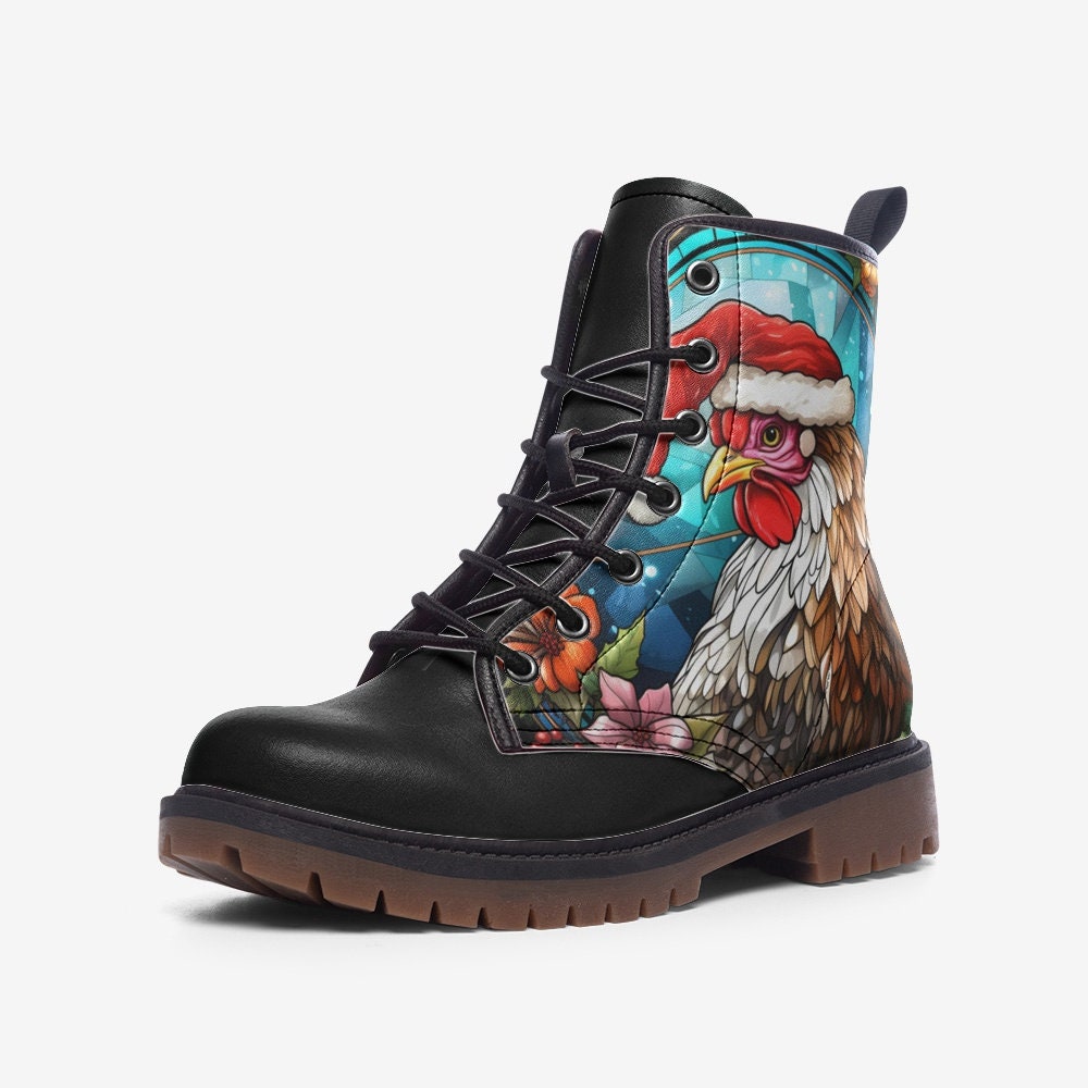 Stained Glass Santa Chicken Combat Boots
