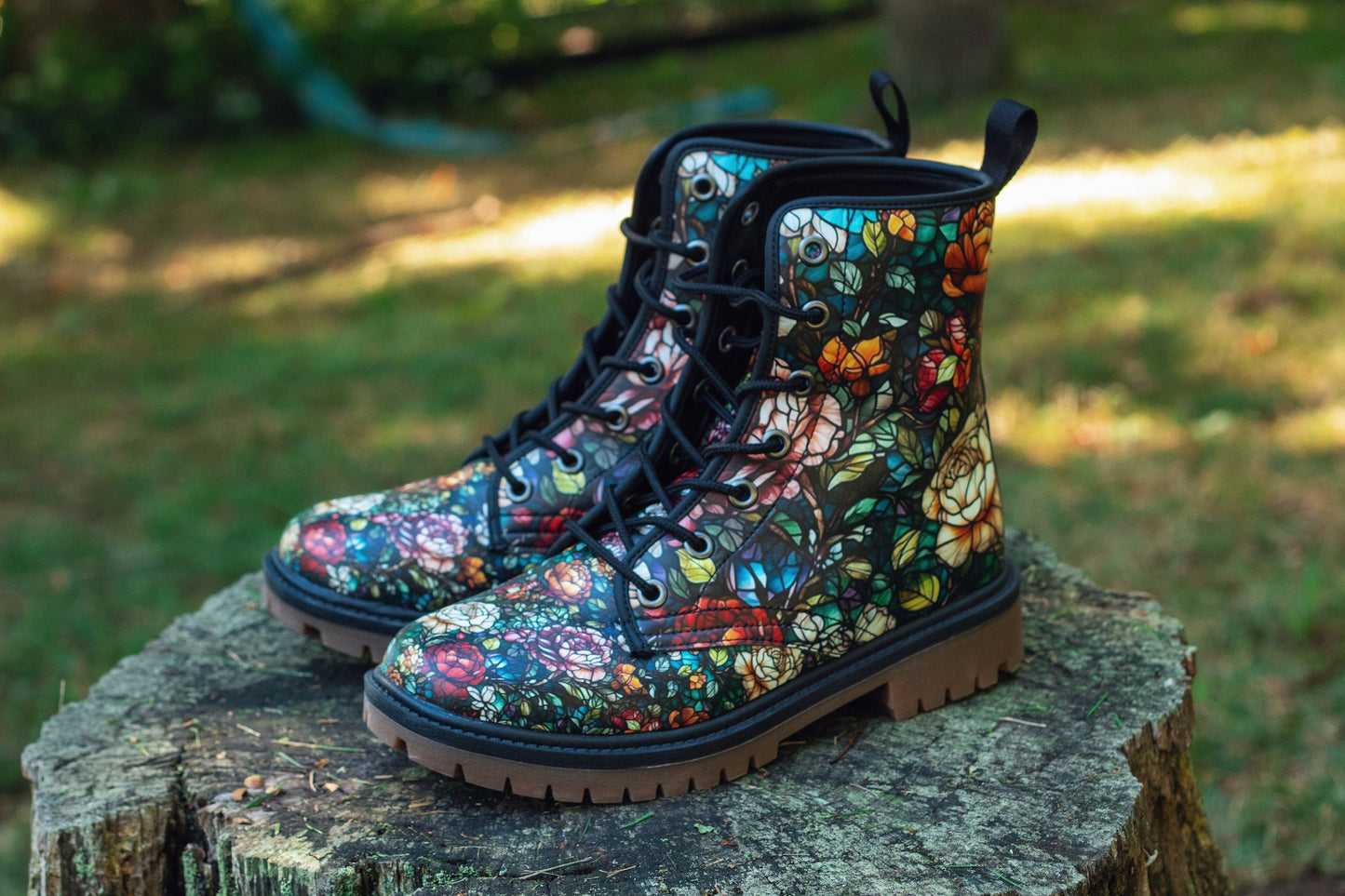 Combat Boots Stained Glass Floral Boots Goth Shoes Mens Leather Boots Witch Shoes Gift for Flower Lover Women's Platform Cottagecore