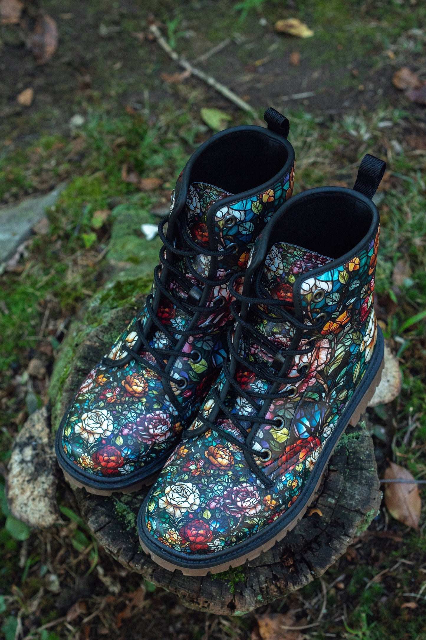 Combat Boots Stained Glass Floral Boots Goth Shoes Mens Leather Boots Witch Shoes Gift for Flower Lover Women's Platform Cottagecore