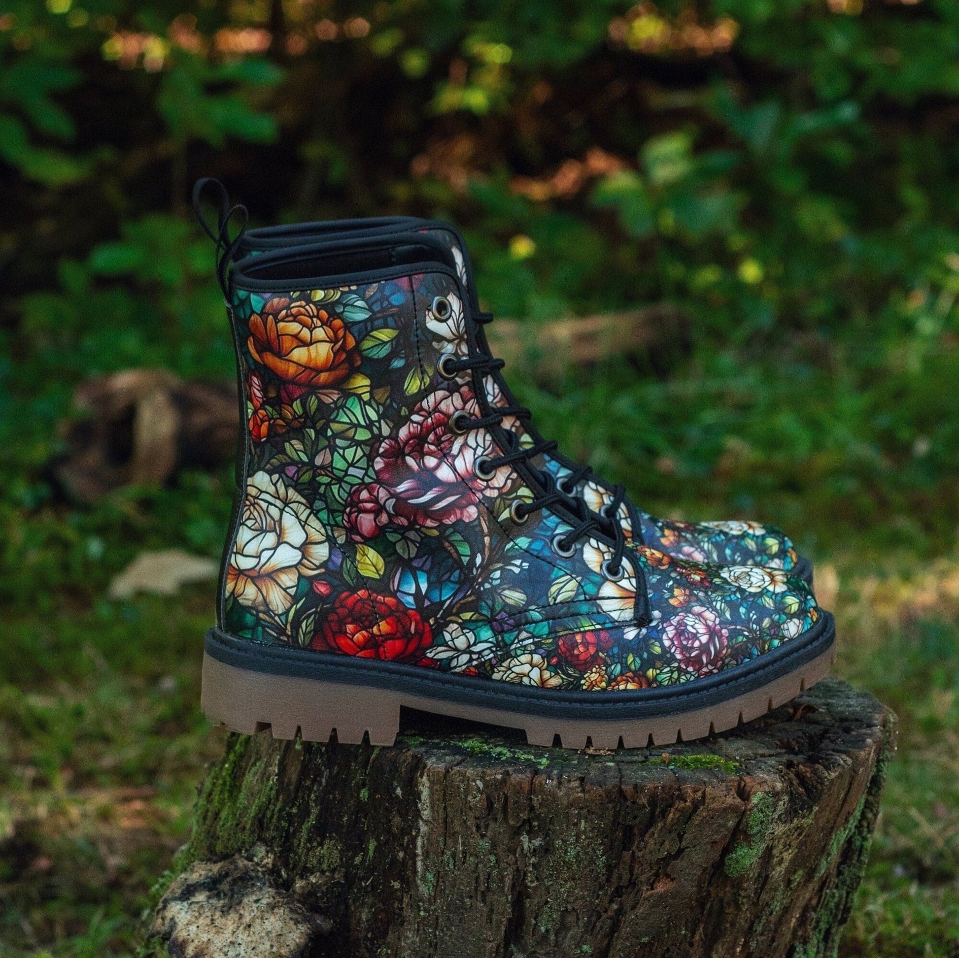 Combat Boots Stained Glass Floral Boots Goth Shoes Mens Leather Boots Witch Shoes Gift for Flower Lover Women's Platform Cottagecore