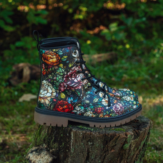 Combat Boots Stained Glass Floral Boots Goth Shoes Mens Leather Boots Witch Shoes Gift for Flower Lover Women's Platform Cottagecore