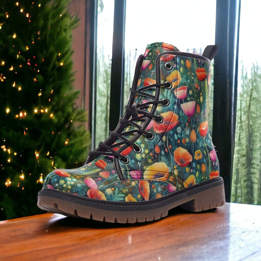 Bright Poppies Combat Boots