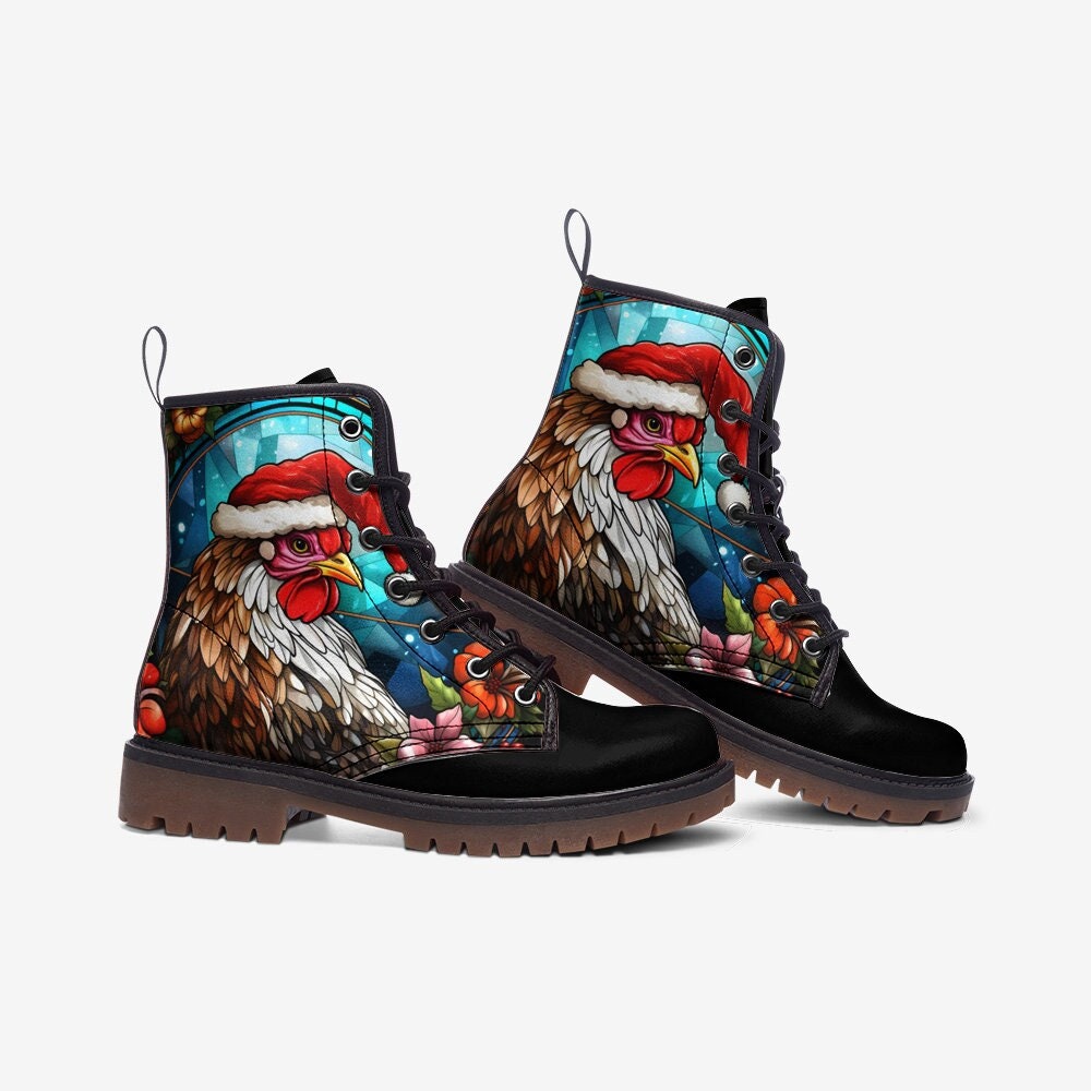 Stained Glass Santa Chicken Combat Boots