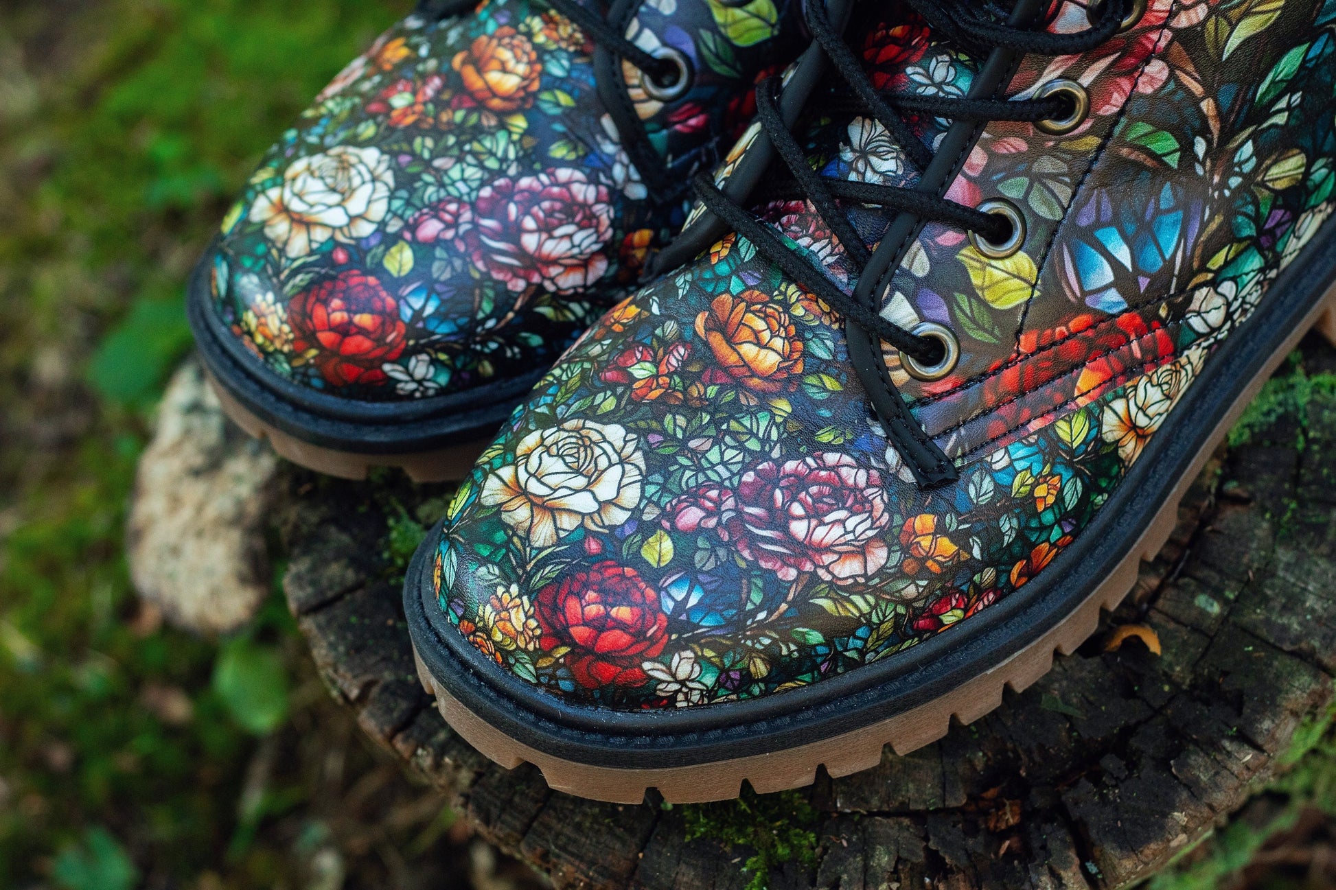 Combat Boots Stained Glass Floral Boots Goth Shoes Mens Leather Boots Witch Shoes Gift for Flower Lover Women's Platform Cottagecore