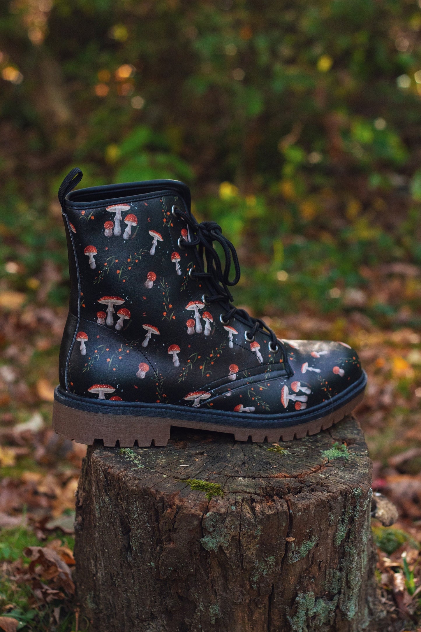 Magic Mushrooms Combat Boots Mens Leather Boots Witch Shoes Gift for Mushroom Lover Women's Platform Cottagecore Dark Academia