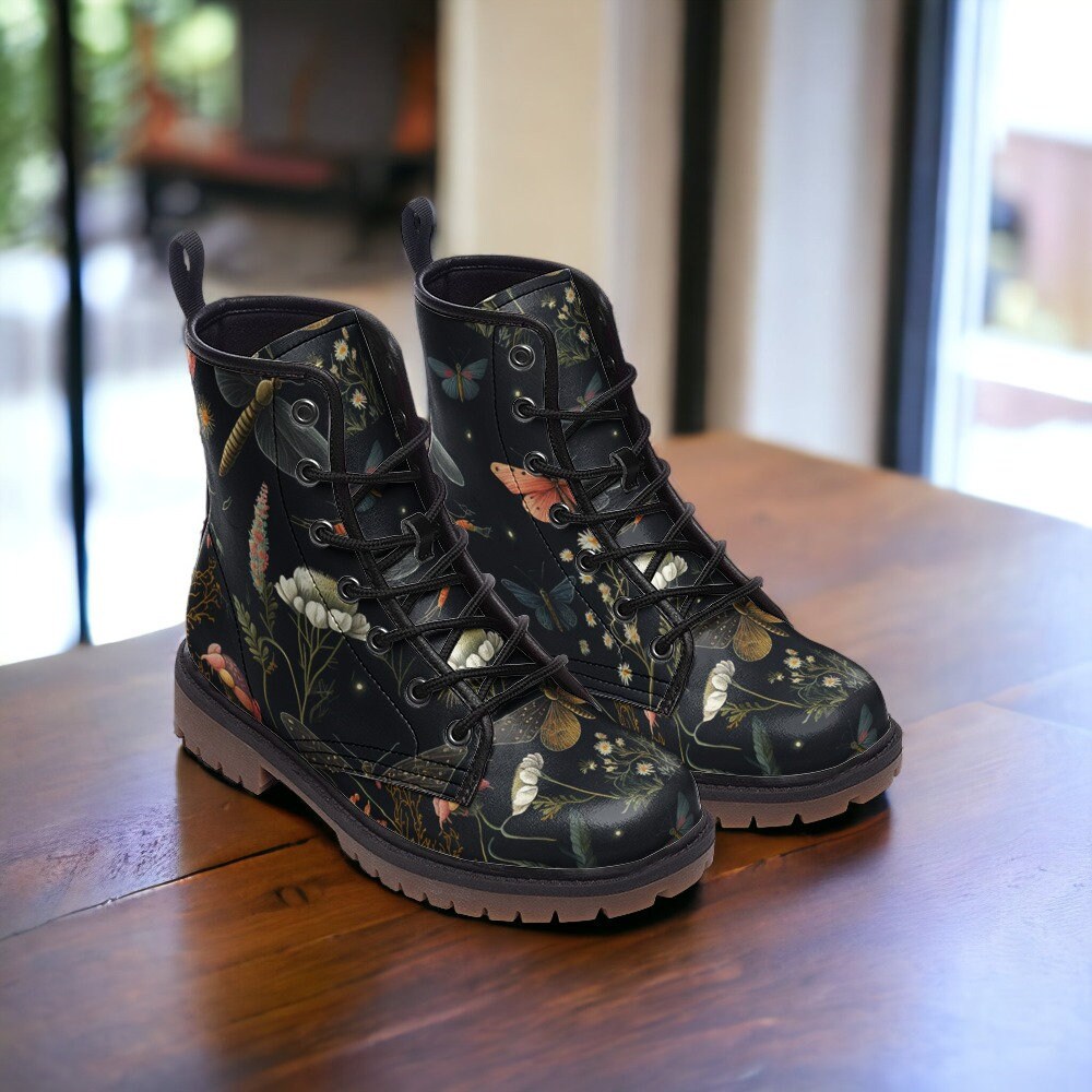 Combat Boots Mens Leather Boots Witch Shoes Gift for Dragonfly Lover Women's Platform Cottagecore Dark Academia