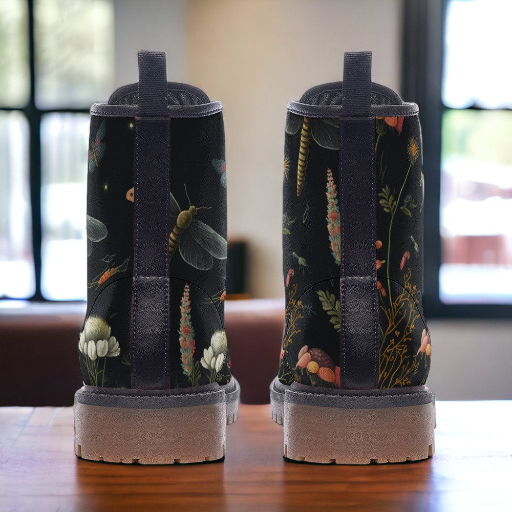 Combat Boots Mens Leather Boots Witch Shoes Gift for Dragonfly Lover Women's Platform Cottagecore Dark Academia