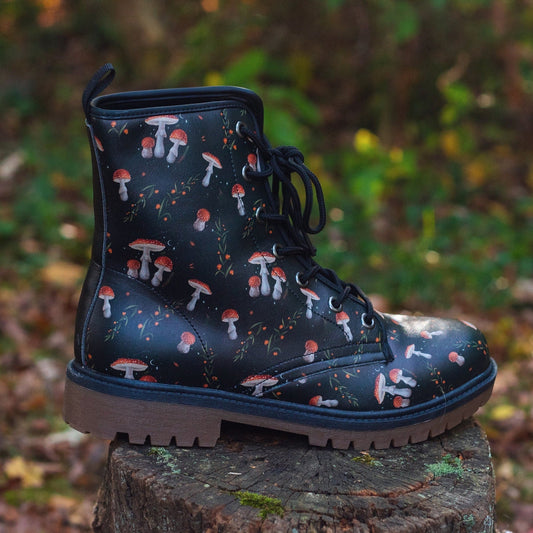 Magic Mushrooms Combat Boots Mens Leather Boots Witch Shoes Gift for Mushroom Lover Women's Platform Cottagecore Dark Academia