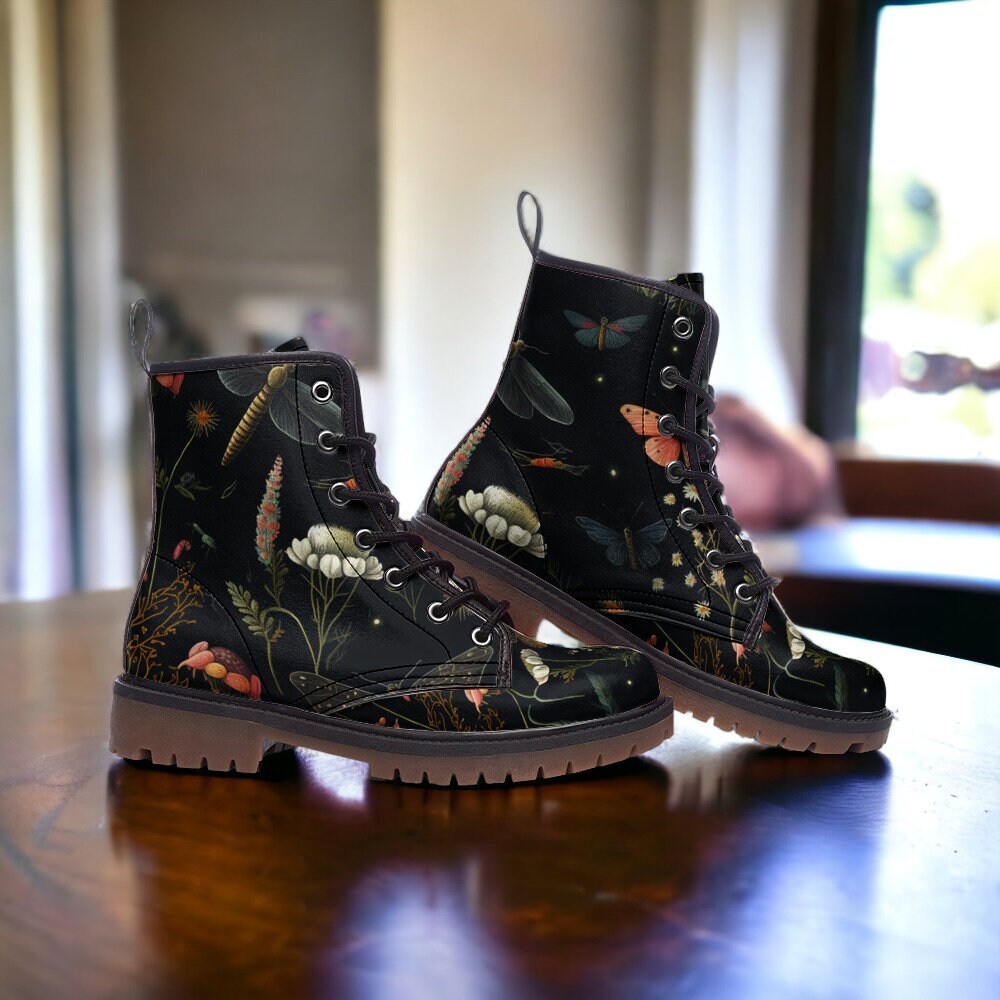 Combat Boots Mens Leather Boots Witch Shoes Gift for Dragonfly Lover Women's Platform Cottagecore Dark Academia