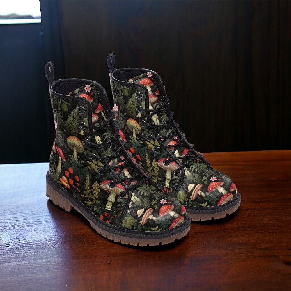 Combat Boots, Mens Leather Boots, Witch Shoes, Gift for Mushroom Lover, Women's Platform, Cottagecore Dark Academia, Enchanted Forest