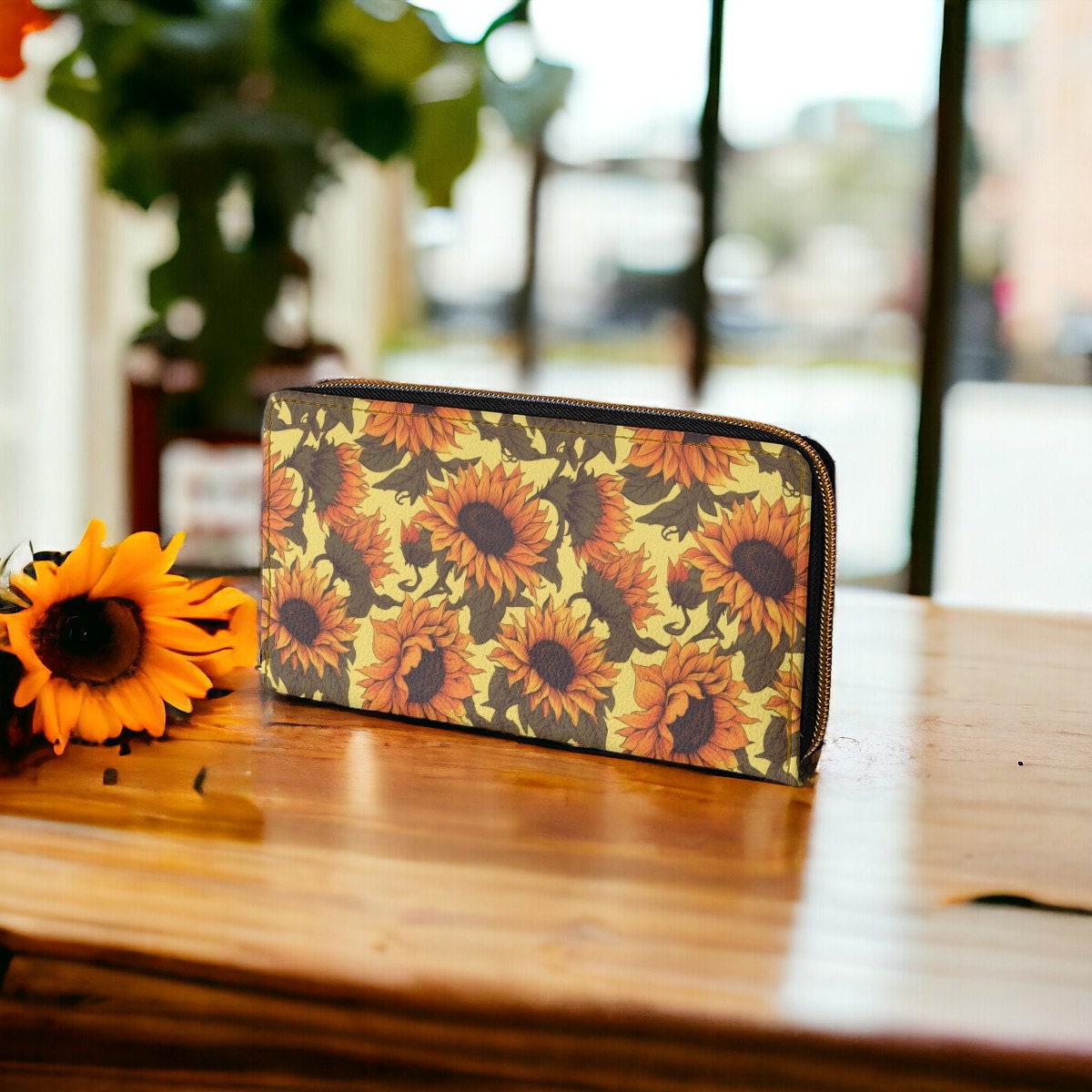 Sunflower Wallet, Slim Wallet, Fall Print Vegan Gifts For Her Vegan Leather Credit Card Wallet Slim Leather Wallet Women Gothic Wallet