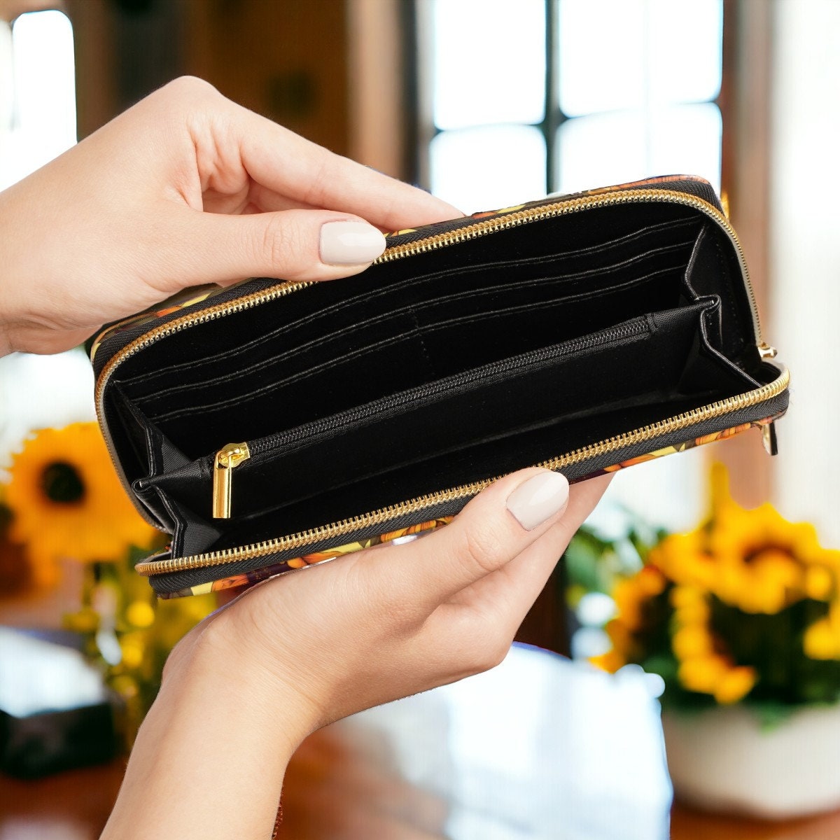 Sunflower Wallet, Slim Wallet, Fall Print Vegan Gifts For Her Vegan Leather Credit Card Wallet Slim Leather Wallet Women Gothic Wallet