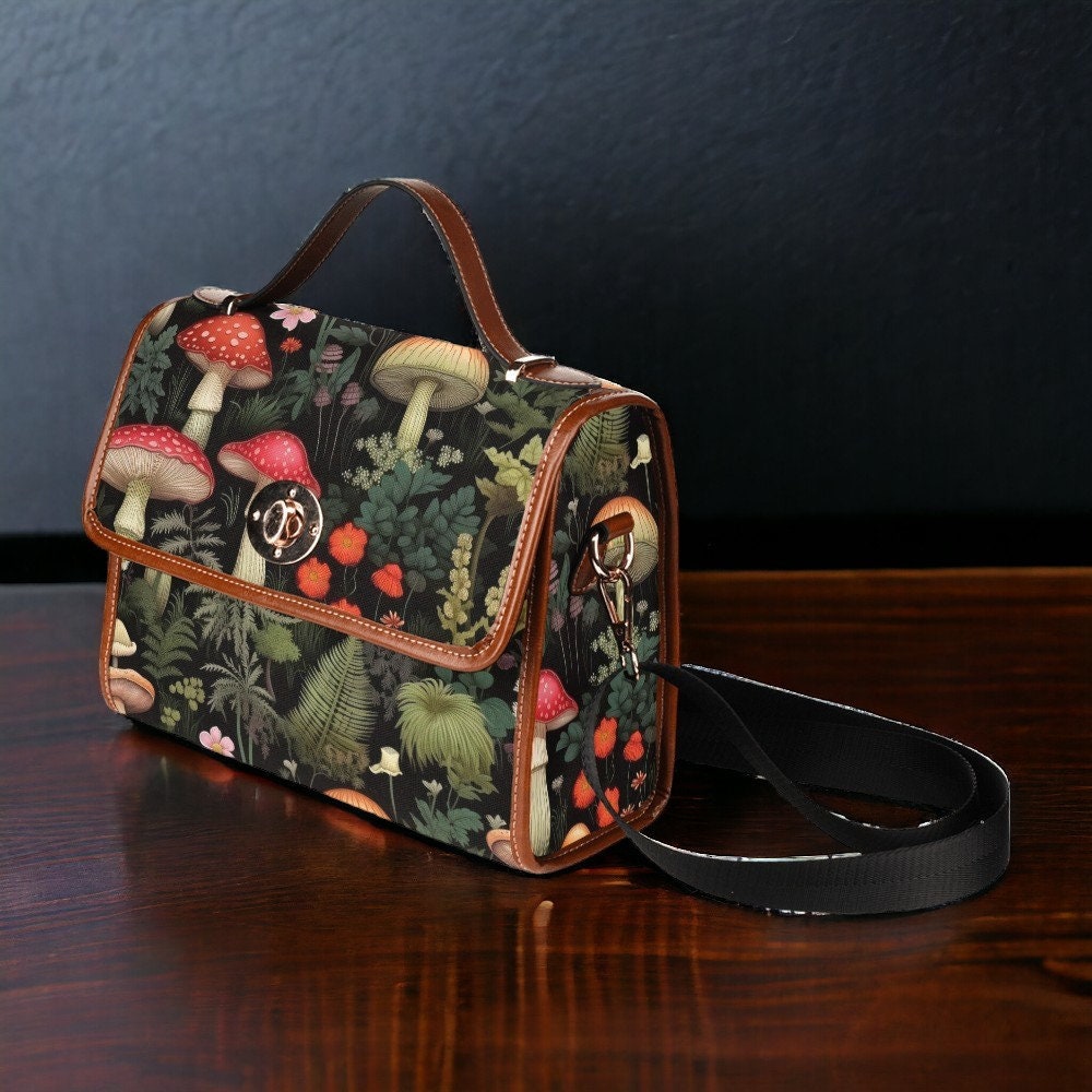 Black Satchel Bag, Canvas Crossbody Bag, Mushroom Purse, Goblincore Crossbody, Dark Cottagecore, Gift for Witchy Lovers, Dark Academia