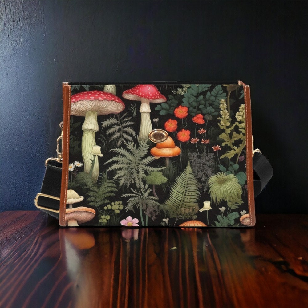 Black Satchel Bag, Canvas Crossbody Bag, Mushroom Purse, Goblincore Crossbody, Dark Cottagecore, Gift for Witchy Lovers, Dark Academia