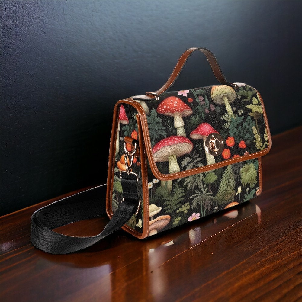 Black Satchel Bag, Canvas Crossbody Bag, Mushroom Purse, Goblincore Crossbody, Dark Cottagecore, Gift for Witchy Lovers, Dark Academia