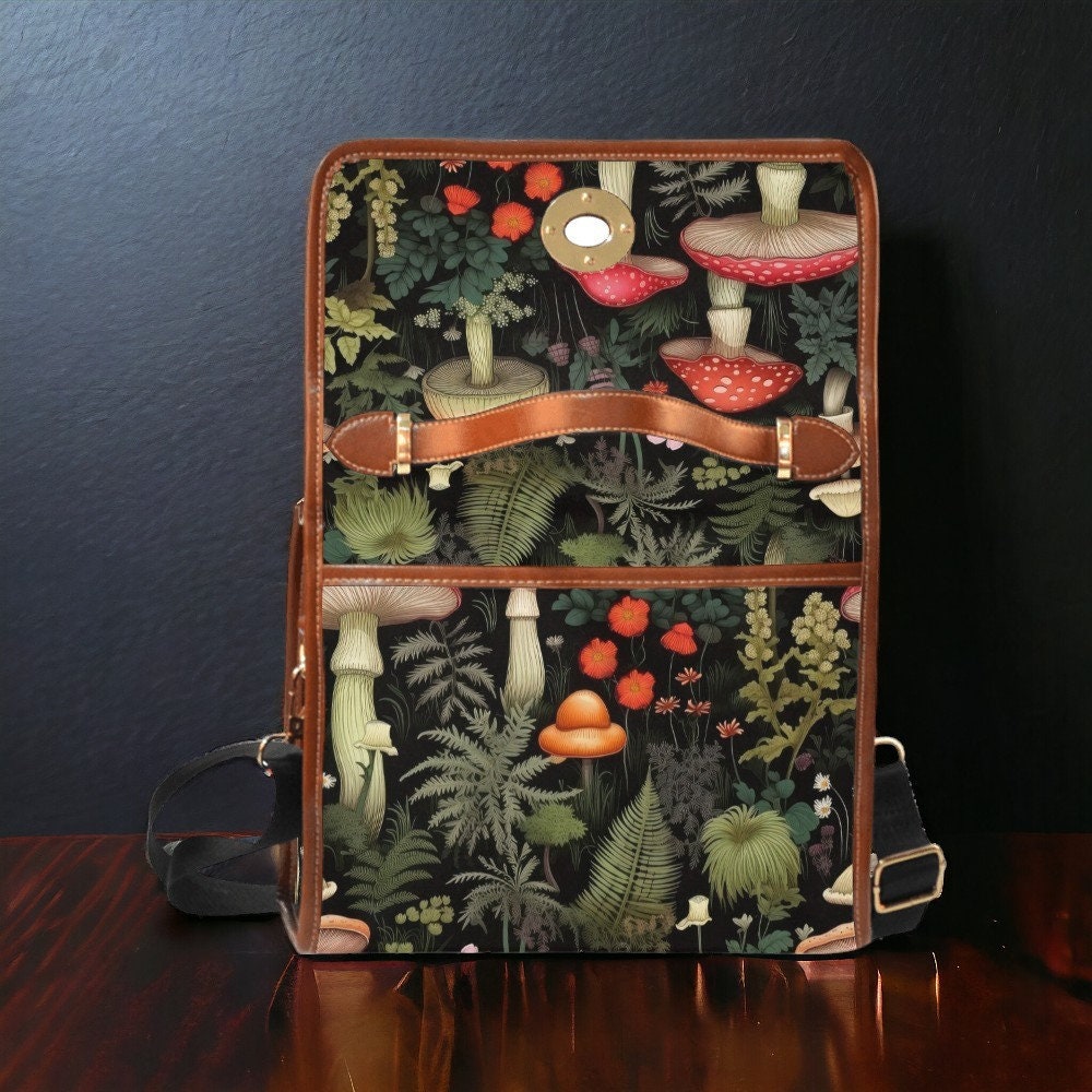 Black Satchel Bag, Canvas Crossbody Bag, Mushroom Purse, Goblincore Crossbody, Dark Cottagecore, Gift for Witchy Lovers, Dark Academia