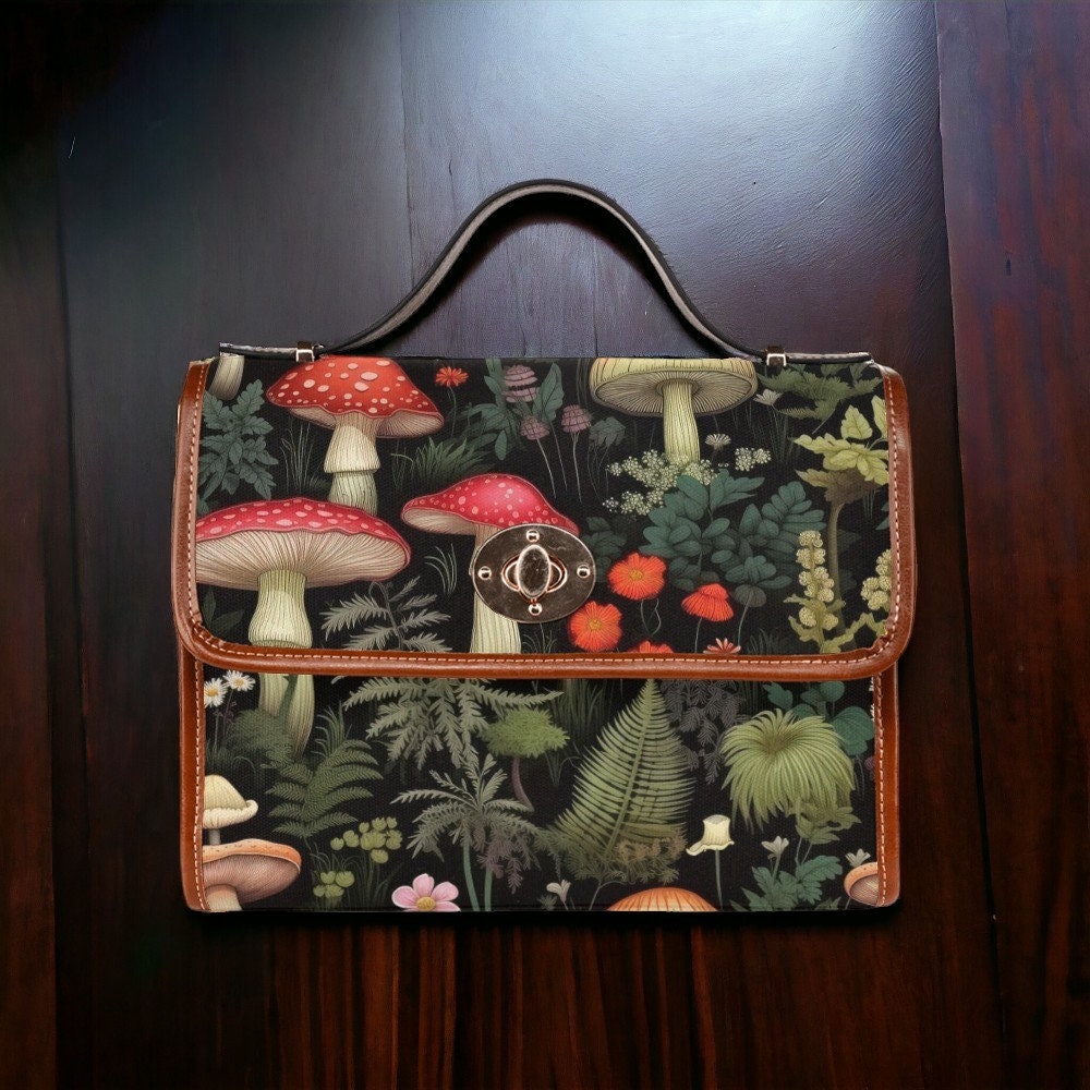 Black Satchel Bag, Canvas Crossbody Bag, Mushroom Purse, Goblincore Crossbody, Dark Cottagecore, Gift for Witchy Lovers, Dark Academia