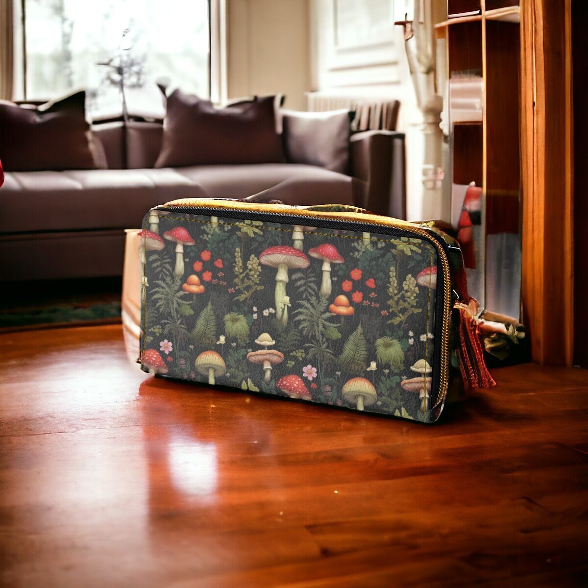 Vintage Mushroom Wallet, Zip Travel Wallet, Cottagecore Purse, Magic Mushrooms Goth Bag, Witchy Wallet, Forager Mushroom Lovers Gift, Vegan