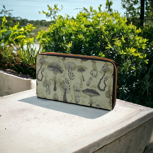 Vintage Mushroom Wallet, Zip Travel Wallet, Cottagecore Purse, Magic Mushrooms Goth Bag, Witchy Wallet, Forager Mushroom Lovers Gift, Vegan