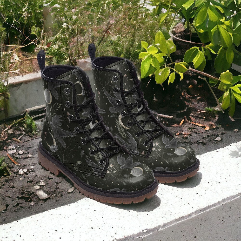 Whimsigoth Combat Boots, Mens Leather Boots, Witch Shoes, Gift for Moon Lover, Women's Platform, Cottagecore Dark Academia, Crow, Celestial