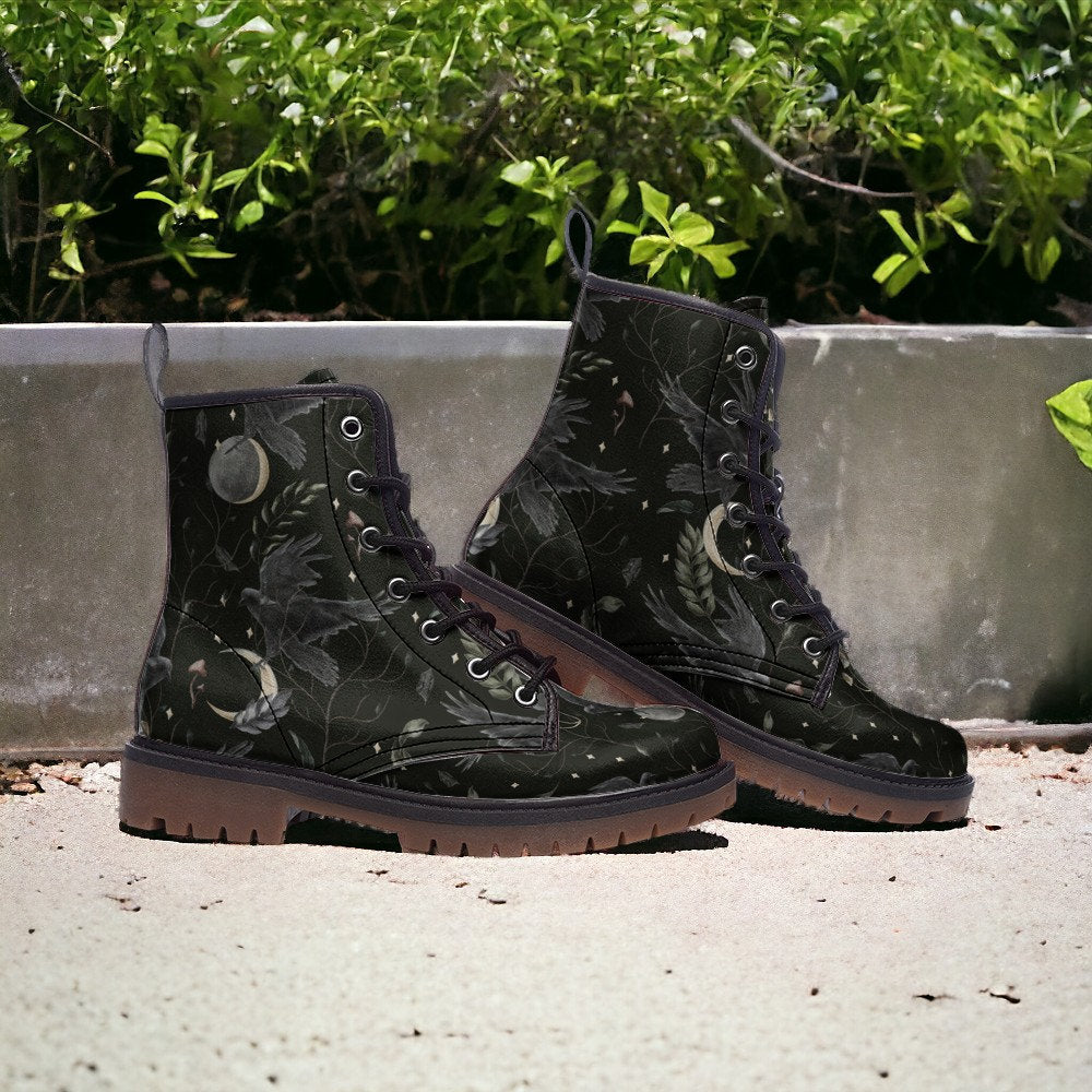 Whimsigoth Combat Boots, Mens Leather Boots, Witch Shoes, Gift for Moon Lover, Women's Platform, Cottagecore Dark Academia, Crow, Celestial