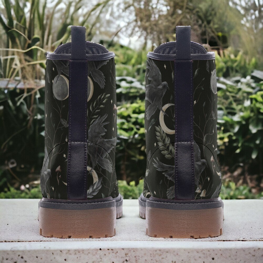 Whimsigoth Combat Boots, Mens Leather Boots, Witch Shoes, Gift for Moon Lover, Women's Platform, Cottagecore Dark Academia, Crow, Celestial
