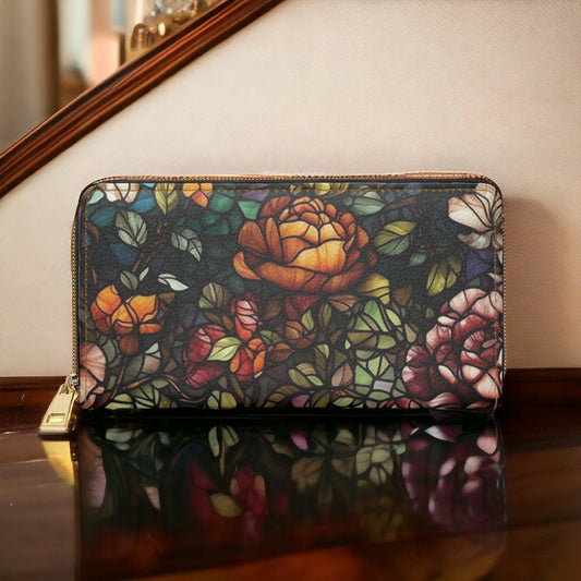 Stained Glass Floral, Cottagecore Wallet, Floral Wallet, Women Cute Boho Wallet, Travel Wallet, Vegan Leather,Dark Academia Gift