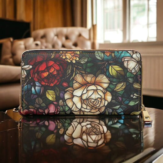 Stained Glass Floral, Cottagecore Wallet, Floral Wallet, Women Cute Boho Wallet, Travel Wallet, Vegan Leather,Dark Academia Gift