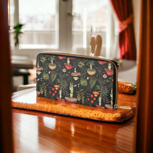 Vintage Mushroom Wallet, Zip Travel Wallet, Cottagecore Purse, Magic Mushrooms Goth Bag, Witchy Wallet, Forager Mushroom Lovers Gift, Vegan