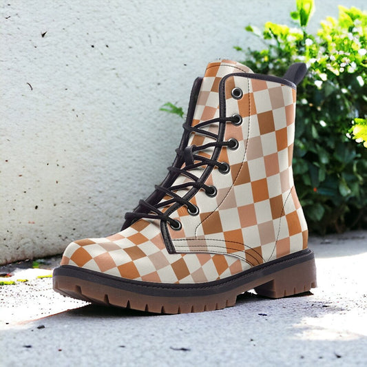 Checkered Combat Boots, Combat Boots, Mens Leather Boots, Goblincore, Gift for Neutral Lover, Women's Platform, Cottagecore Trendy Aesthetic